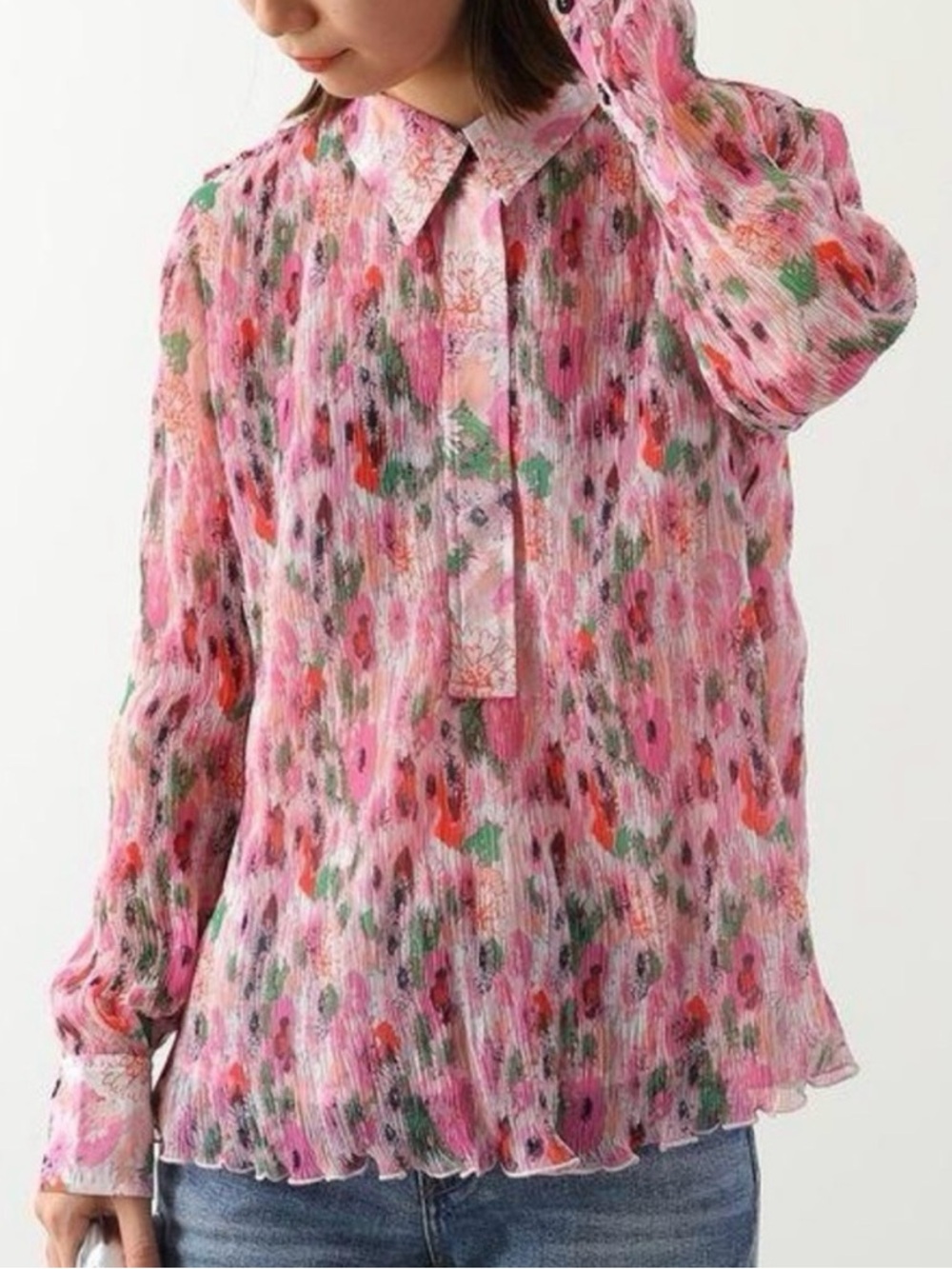 GANNI Pleated Georgette Floral Blouse